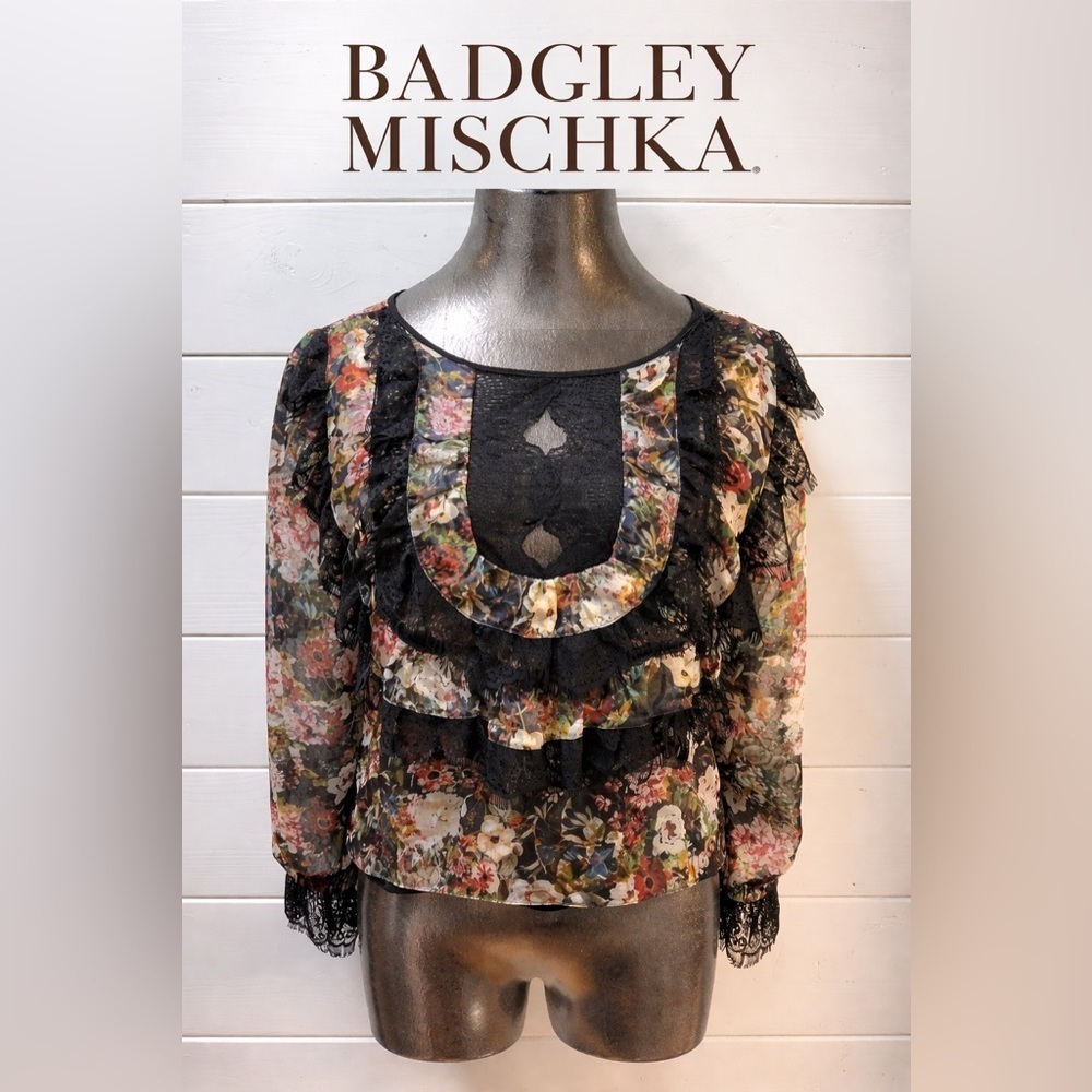 BADGLEY MISCHKA Floral Lace Blouse – Black / Multicolor – Estimated S